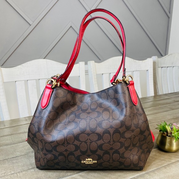 Coach Hallie In Signature Canvas Shoulder Bag Brown True Red - Picture 1 of 13